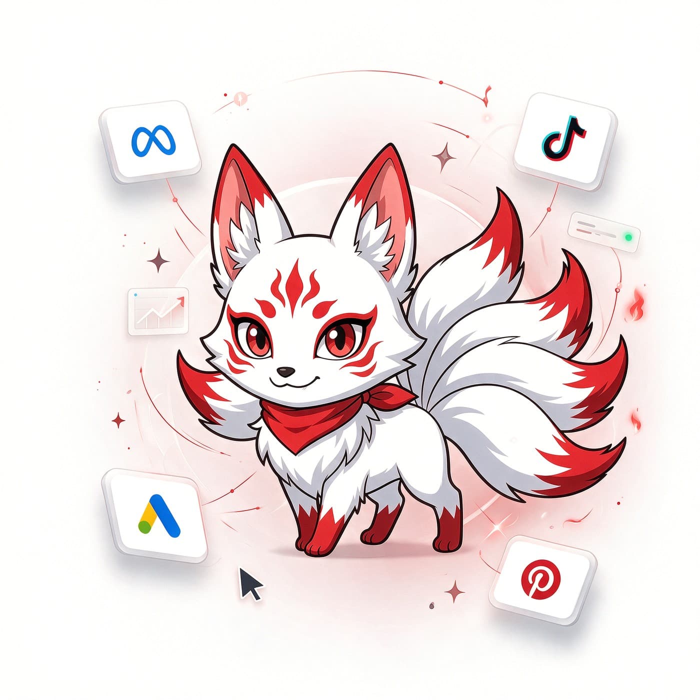 AdKitsu kitsune mascot with ad platform icons